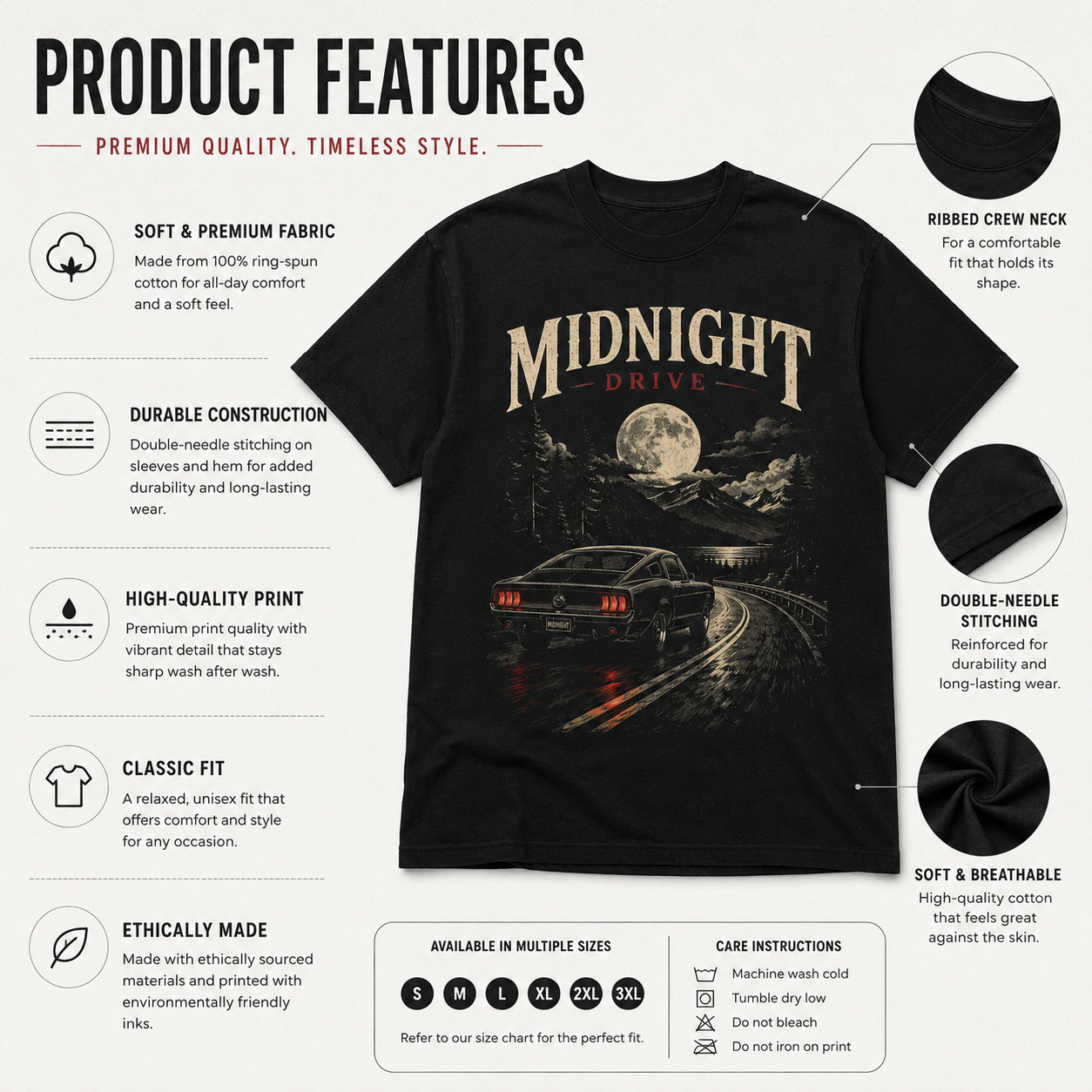 Clothing Bazaar Midnight Drive Vintage Graphic T-Shirt for Men & Women | Premium Cotton Round Neck Half Sleeve Casual Printed Tee - Image 3